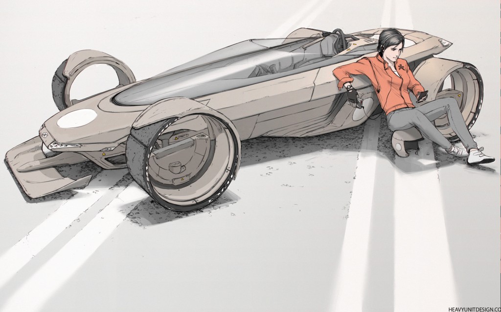 A personal piece: an "80s-influenced car concept", experimenting with adding a character to the image.