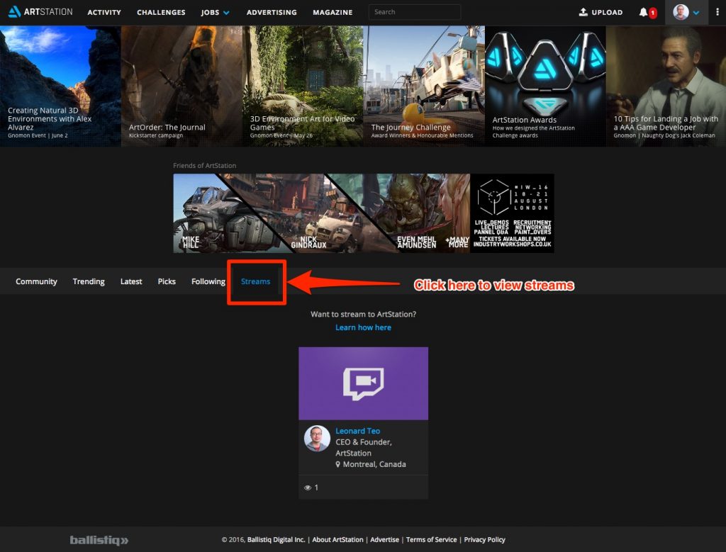 We now have a Streams wall on the home page of ArtStation.