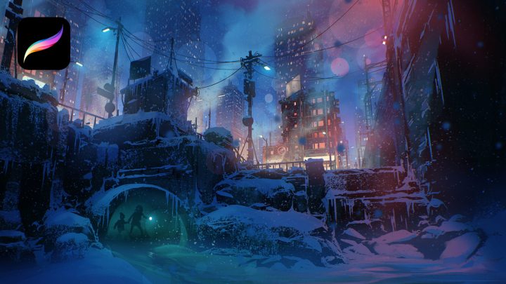 A winter city is dimly lit by a colourful blue and pink sky