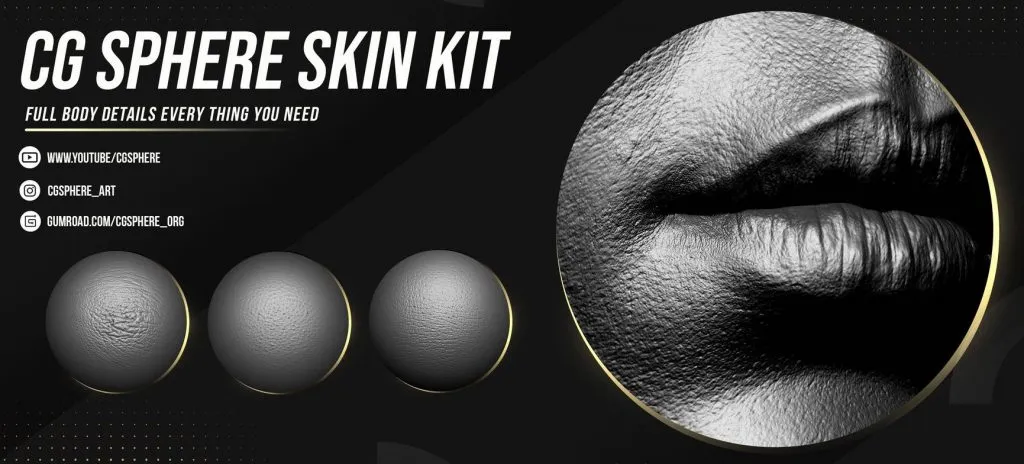 A close up of skin textures with the caption "CG SPHERE SKIN KIT"