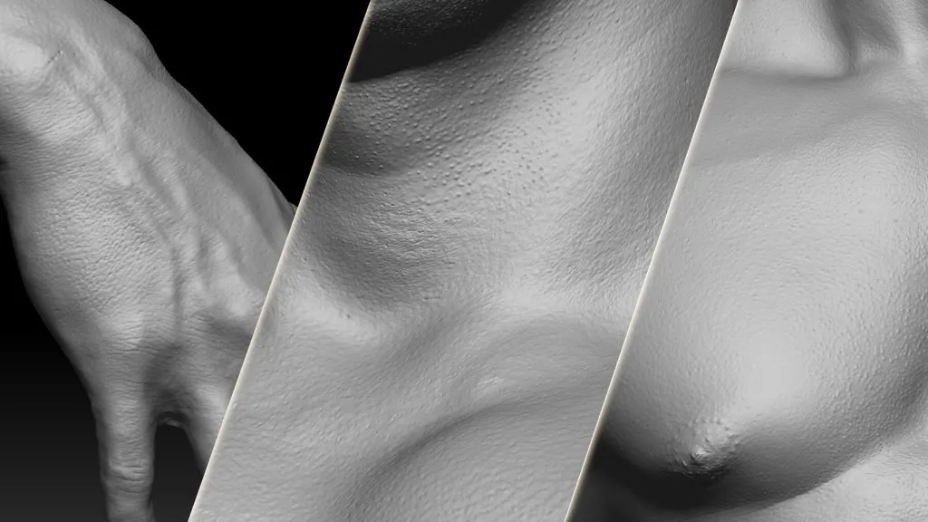 Three close ups of a hand, collarbone, and chest show high-quality skin textures