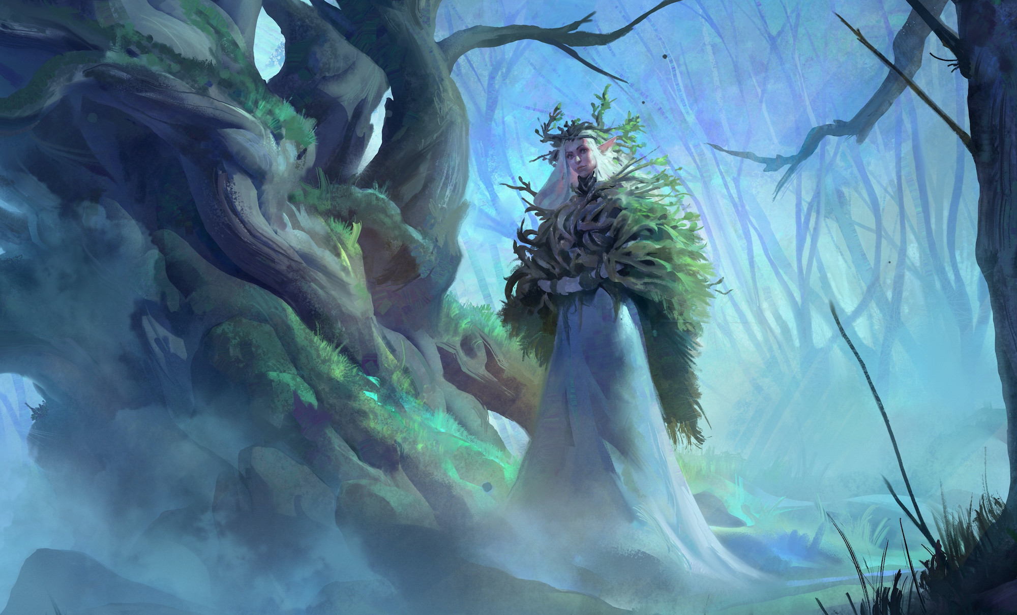 A wood elf crowned in twigs looks at the camera from a foggy forest