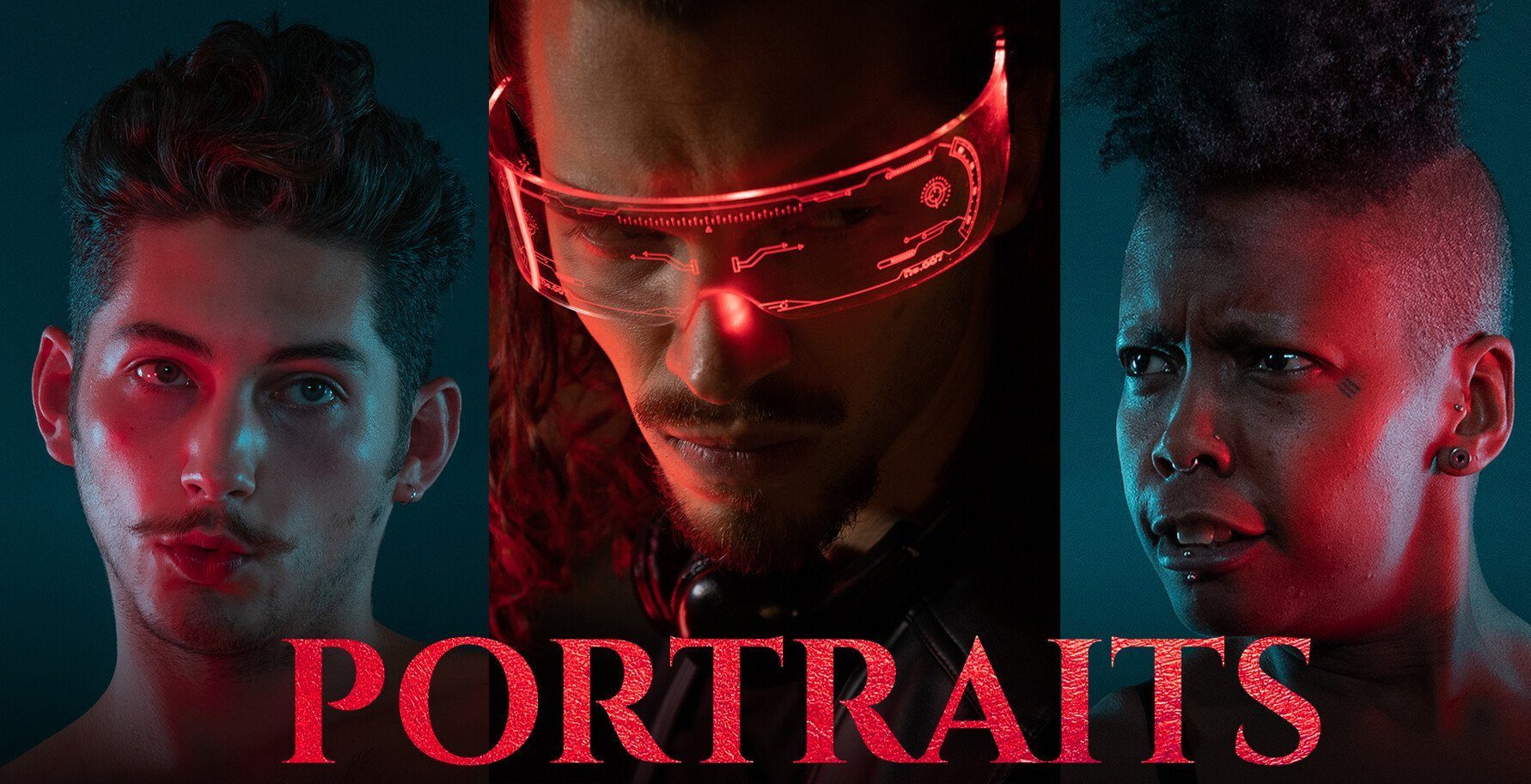 three face portraits of cyberpunk people