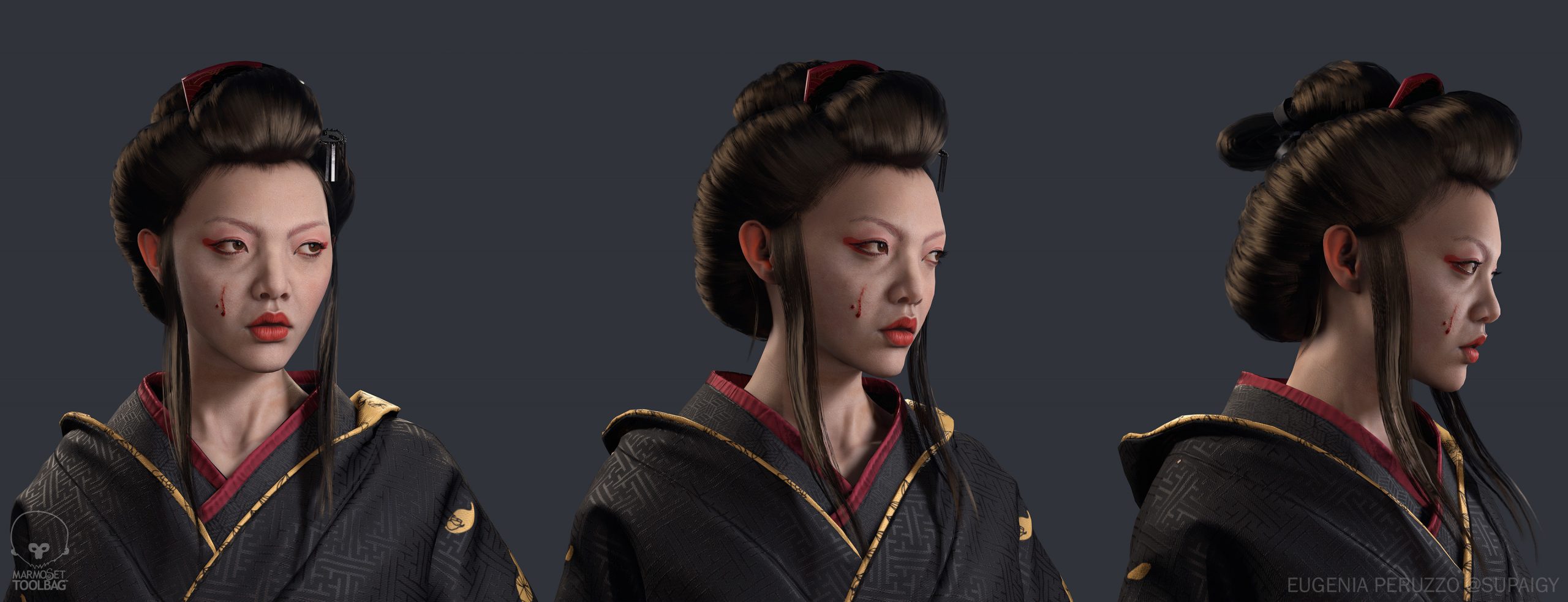 Three torso shots of a geisha outfit by Eugenia
