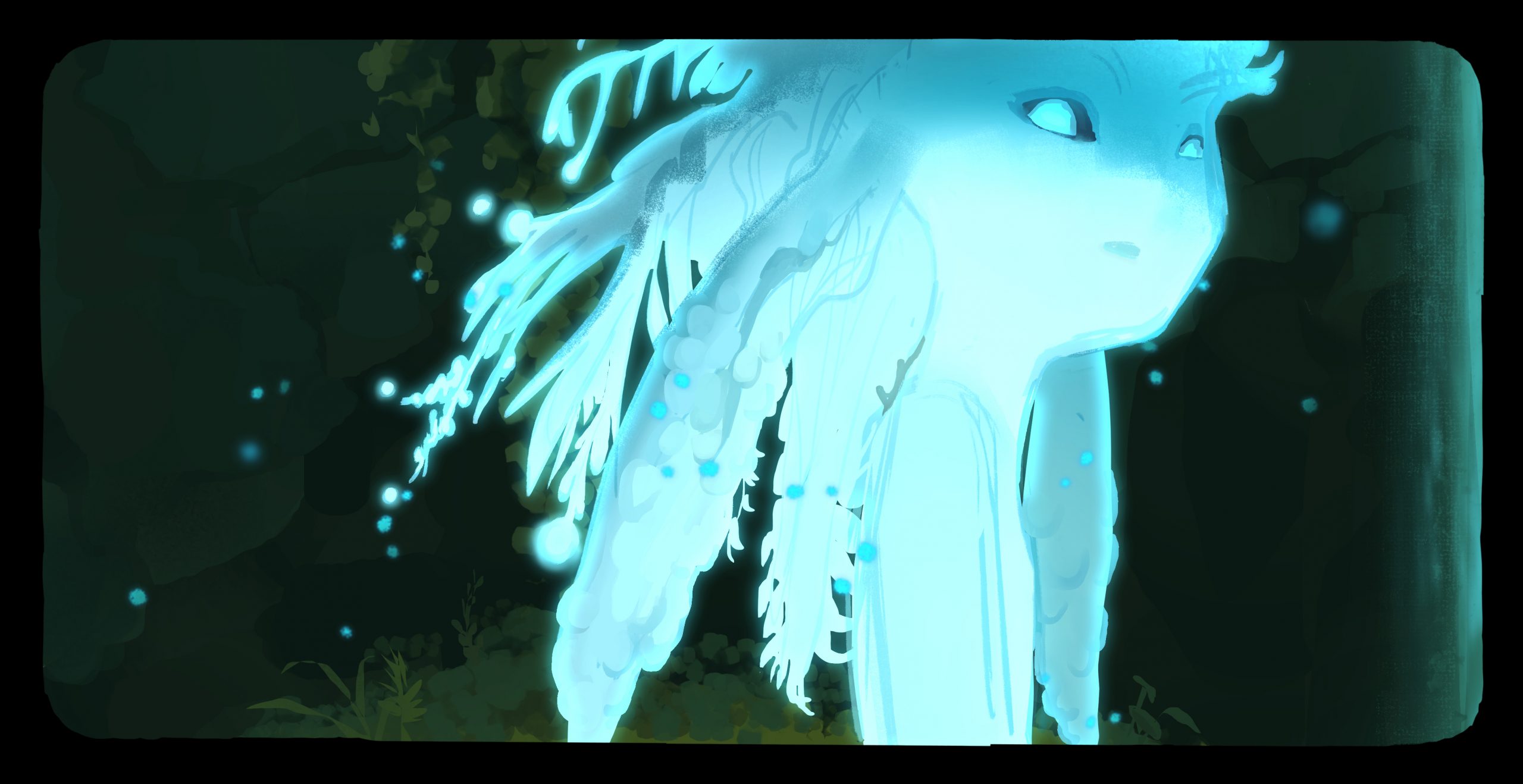 Single panel from Iris's painting, showing a close up shot of a blue forest spirit type creature