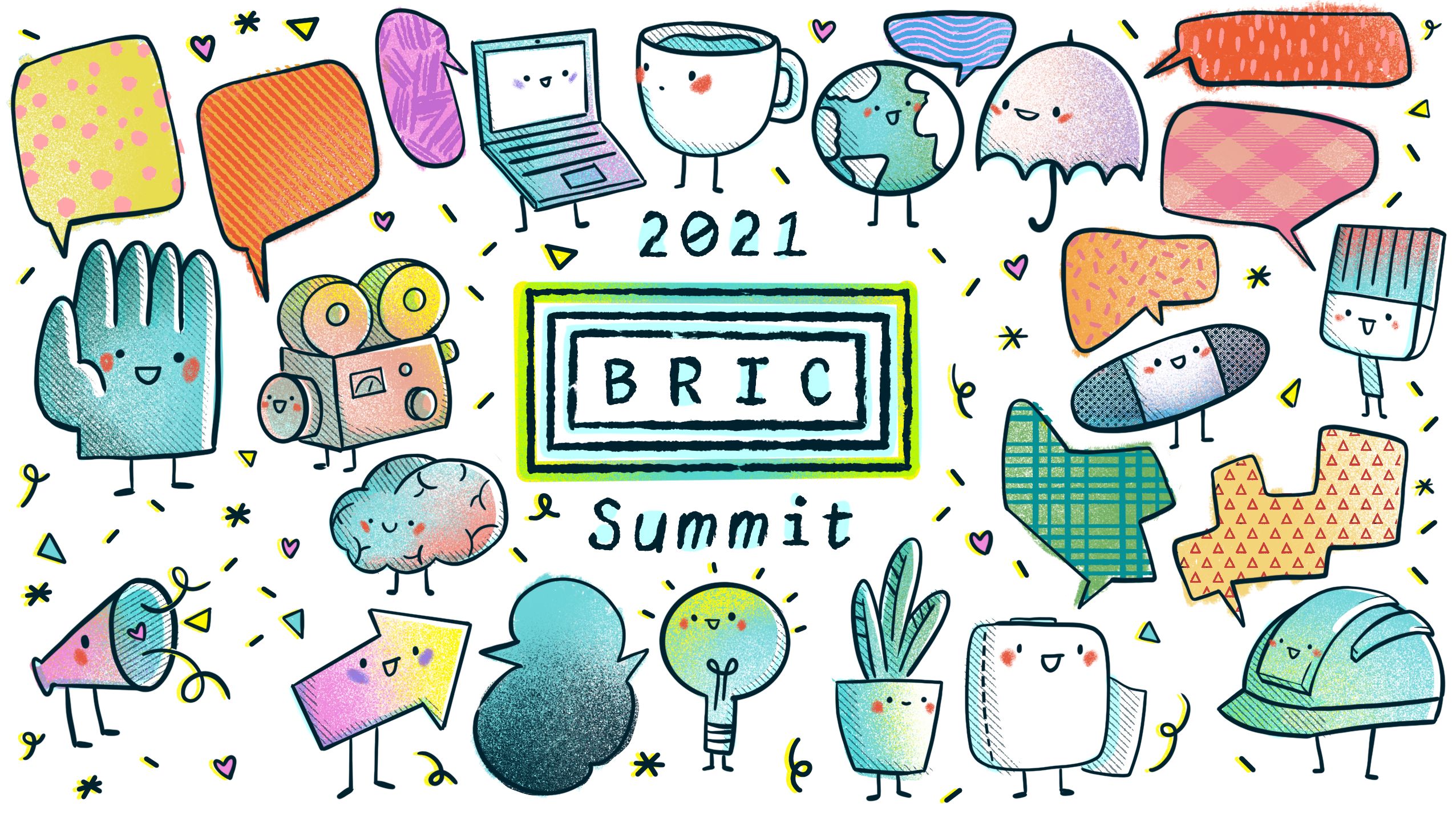 A banner that reads 2021 BRIC Summit with cute clip art drawings of office and home items put around the text.