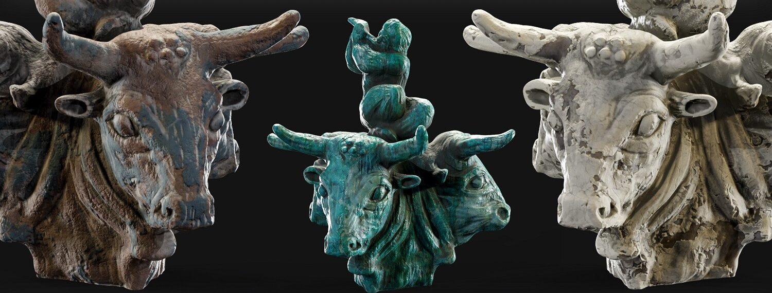 Three 3D renders of clay bull figures