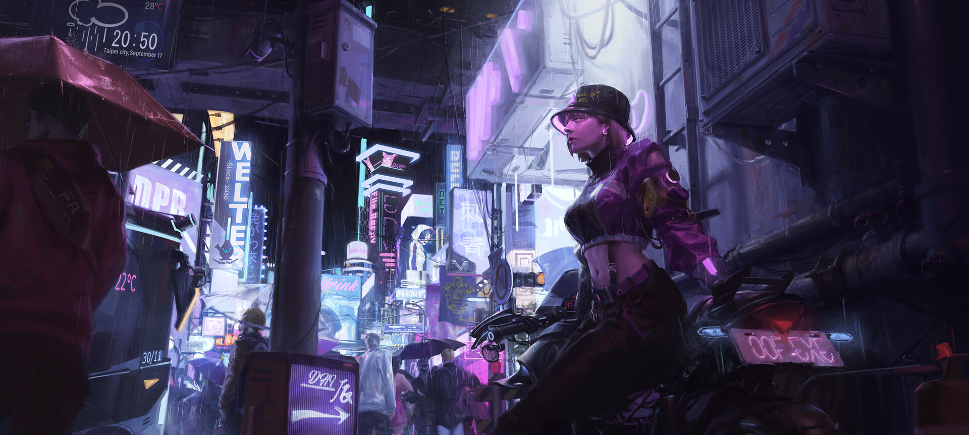 A cybernetic woman looks into the crowd