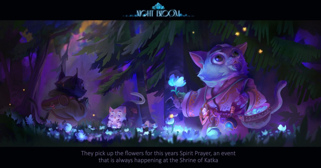 A purple forest night scene. Humanoid cats pick flowers. ArtStation Challenge artwork by Hue Teo