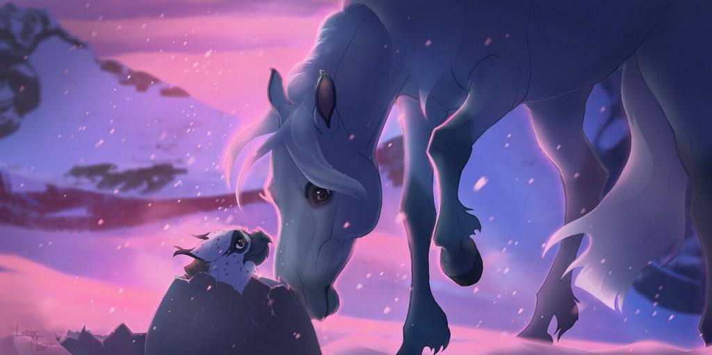 A mother mare gently nudges a baby wyvern-like creature. Art by Untamed: When Animals Ruled the World – Keyframe Design Winner: Louise Meijer-Åström