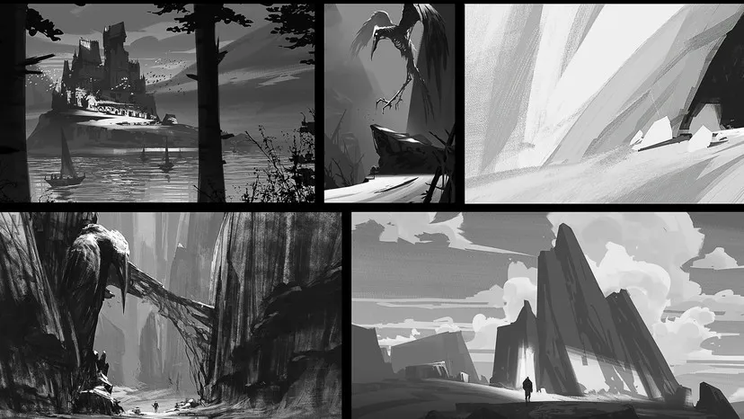Black and white environment art sketches