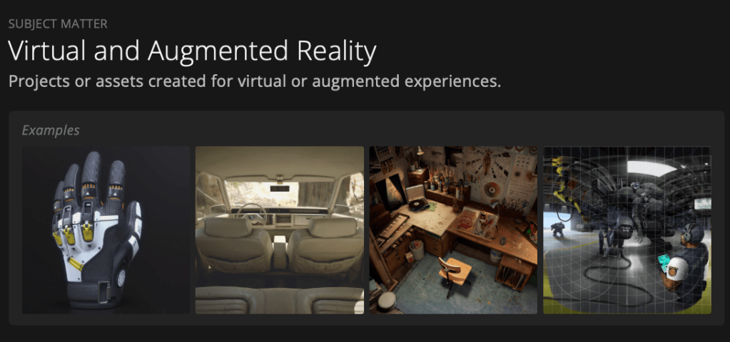 Screenshot of the Virtual and Augmented Reality subject matter section.