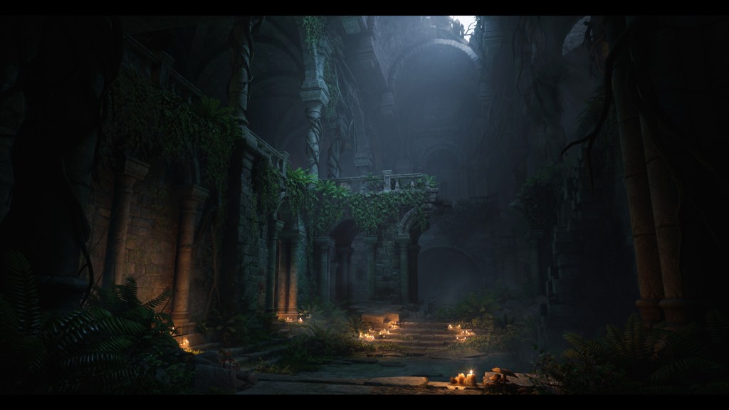 Artwork by Anngelica Parent depicting a dimly lit ruin