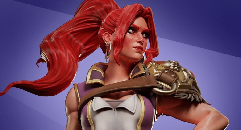 Image of a 3d character: a strong red-headed woman looks to the side, armor over her shoulder. From the Character Production series on ArtStation Learning.