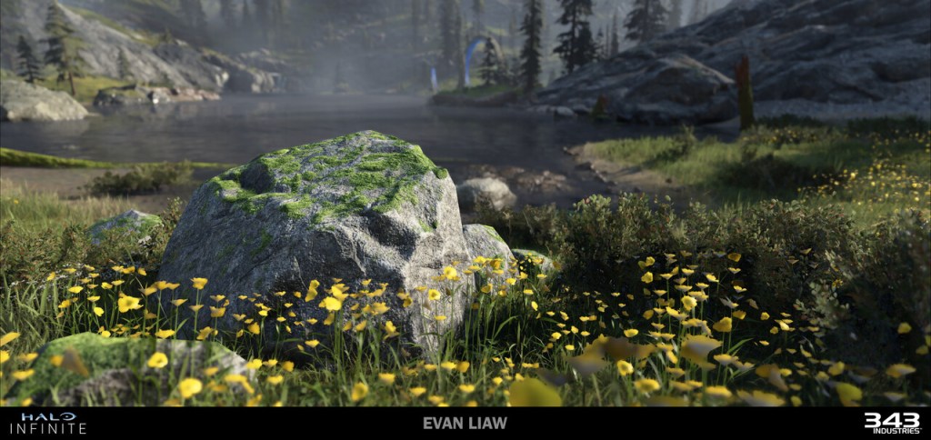 Scene of a mountainous environment, with yellow flowers in front of mossy rocks