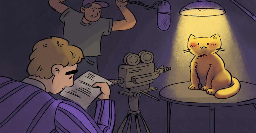 Cartoon of a film crew recording a cat