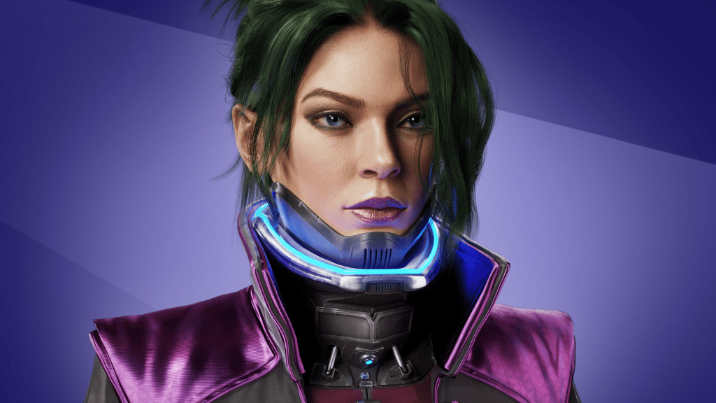 Image of a female sci fi character created by Jared Chavez for his Character Art Test series. She has mossy green hair, wears a shiny pink vest, and has a glowing blue collar around her neck.