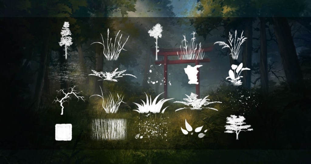White stamps of plant brushes shown on a Japanese forest background