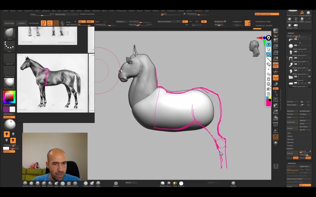 Screenshot of a video lesson, where Nikolay is demonstrating horse sculpting in 3d.