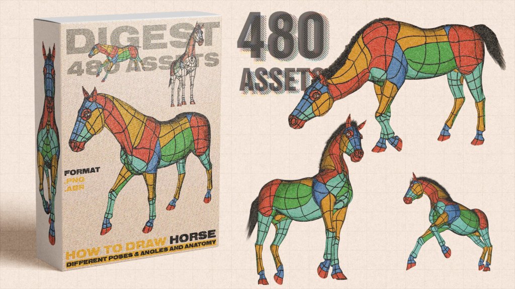 Thumbnail for Mels' asset pack of art resources. Different horse wireframes are shown besides a box mockup for the asset.