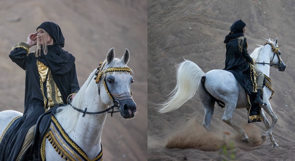 Two photos of a woman in a flowing black robe with a golden veil. She sits atop a white Arabian horse, kicking up sand behind it.