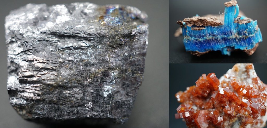 Three photos of different crystals. The first is a flaky silver, the second a fibrous blue, and the third a chunky orange