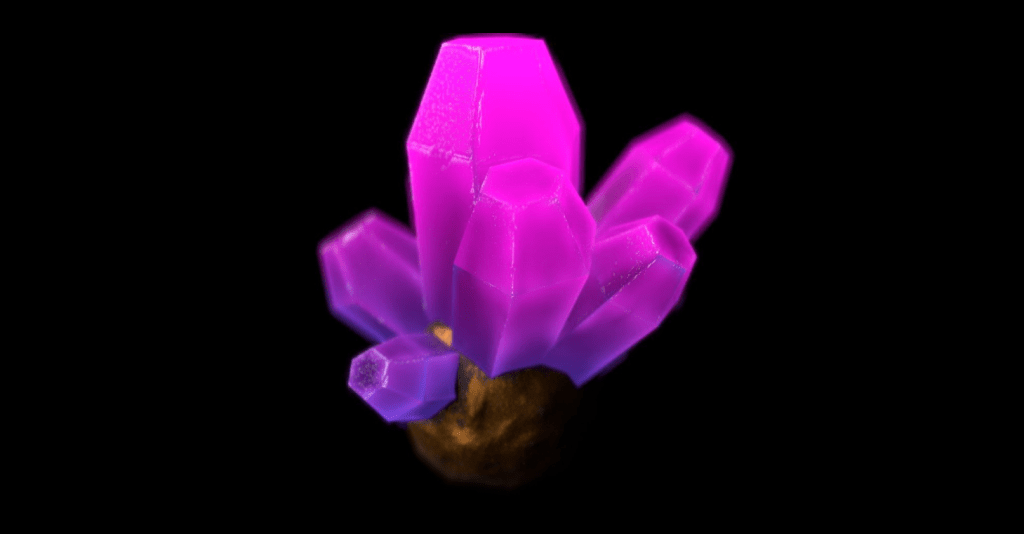 A stylized crystal chunk glows a bright pink and purple
