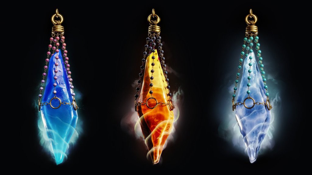 3 magical pendants, glowing blue, orange, and blueish white.