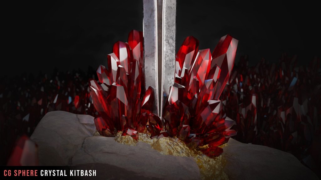A red crystal grouping with the tip of a sword sticking in them