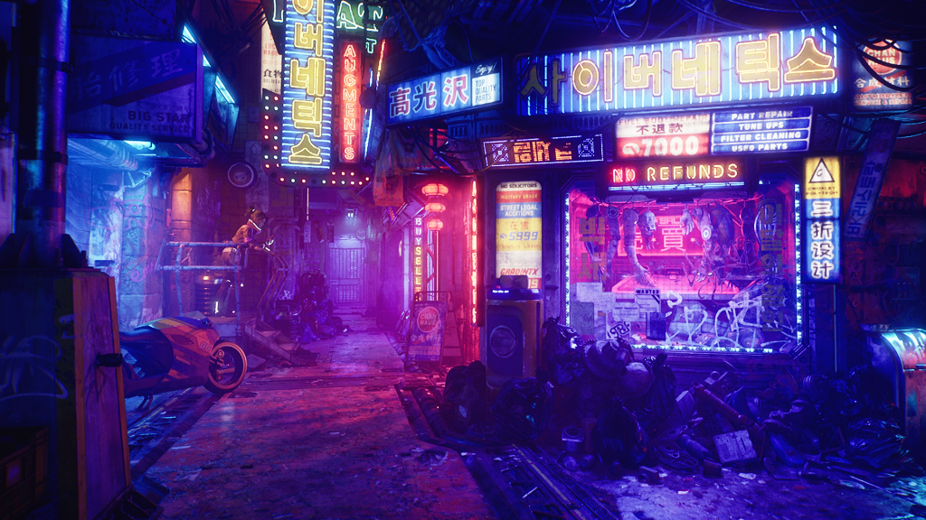 A sci-fi scene. Pink and blue neon lights illuminate a dirty street, with wires and robot parts littered around. 