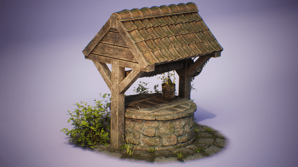 Thumbnail from Environment Art Test. Image of a wood and stone well with vegetation in front of a purple background.