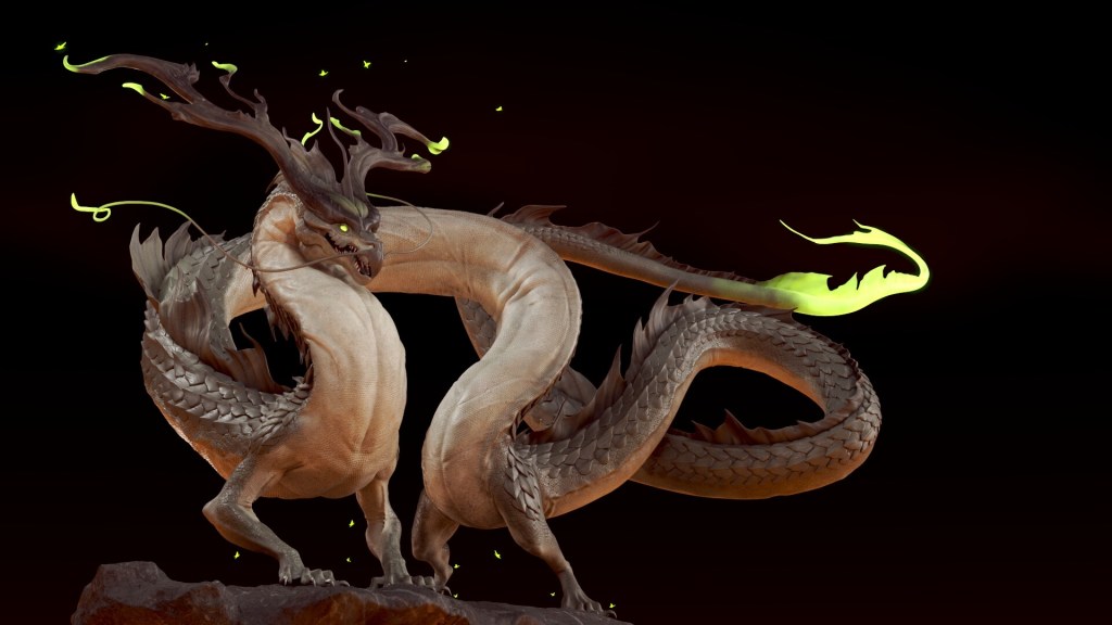 View of a black dragon with flaming green tail and head