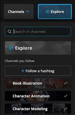 Gif showing the Channels search process in the Channels menu.