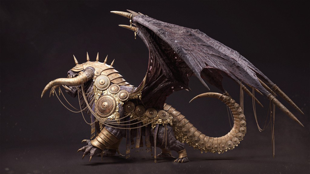 Side image of a purple dragon covered in gold armour