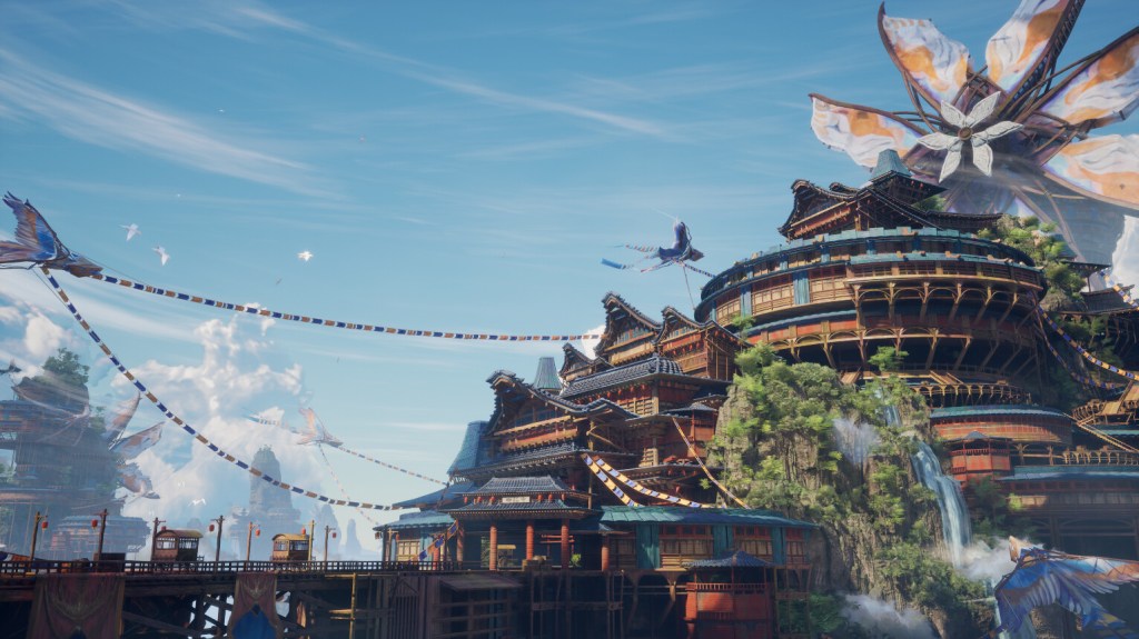Image of Yinuo Chen's Dragon's Rise submission. A windmill town with flowing waterfalls is framed against a bright blue sky.