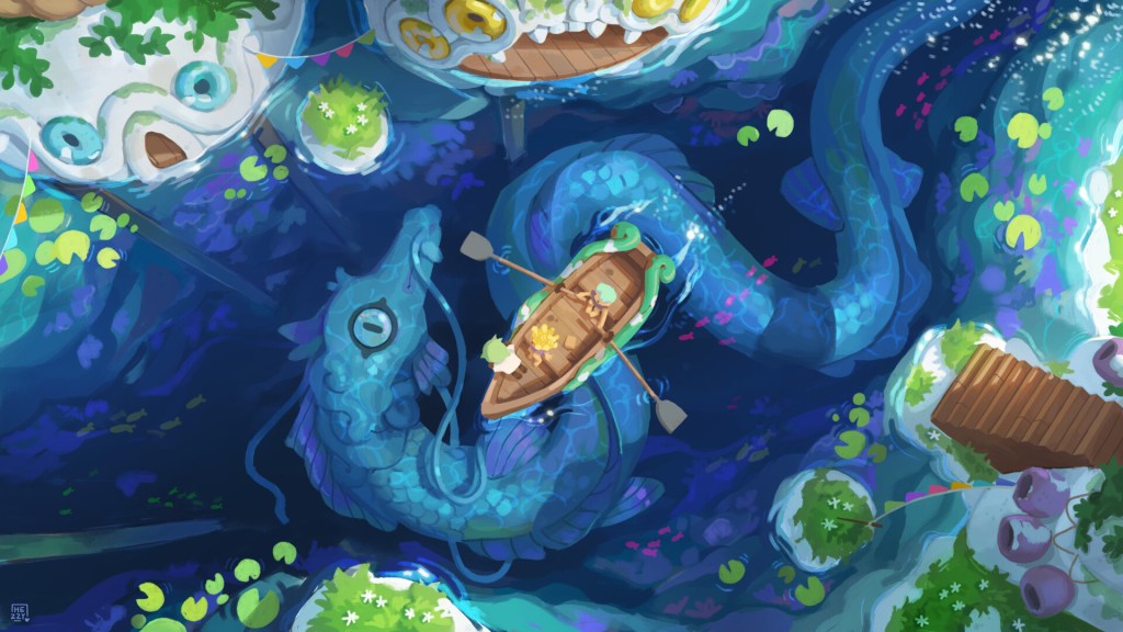 Top down view of a boat paddling on a river, with a blue dragon staring up at it in the river beneath