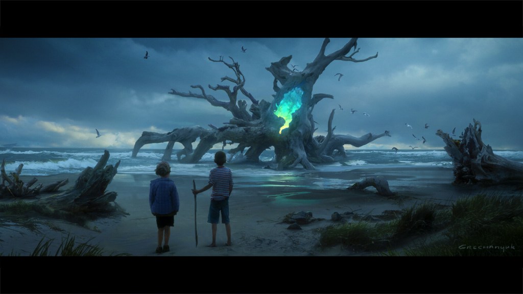 Two boys look at a large tree stump washed ashore. Inside the tree stump a glowing light is visible.