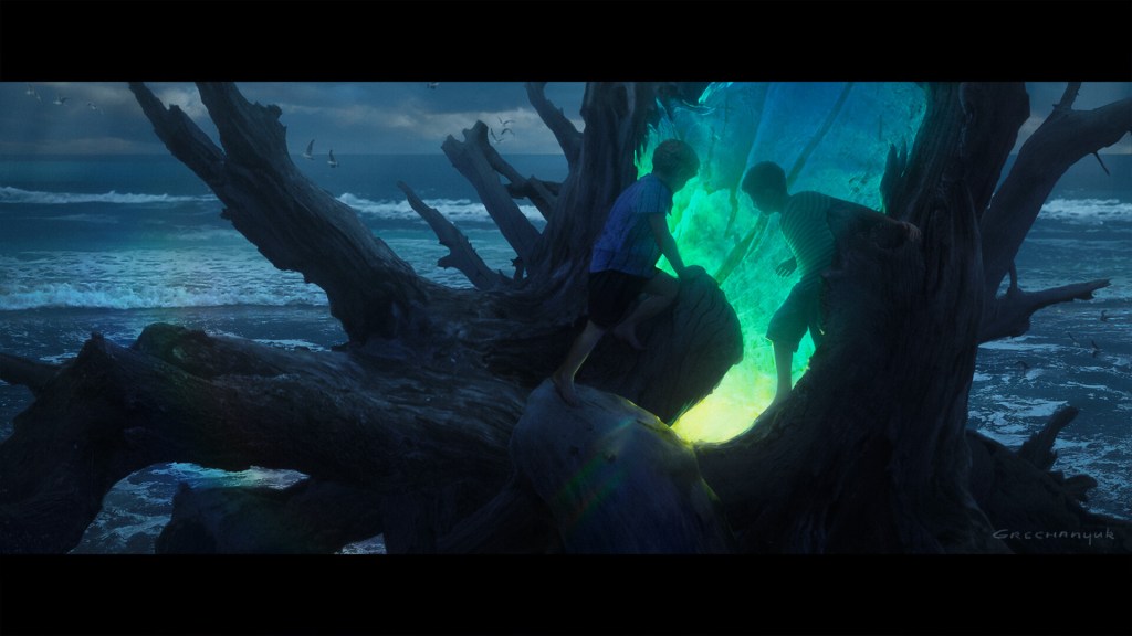 Two boys approach a glowing light within a tree stump. A stormy sea is in the background.
