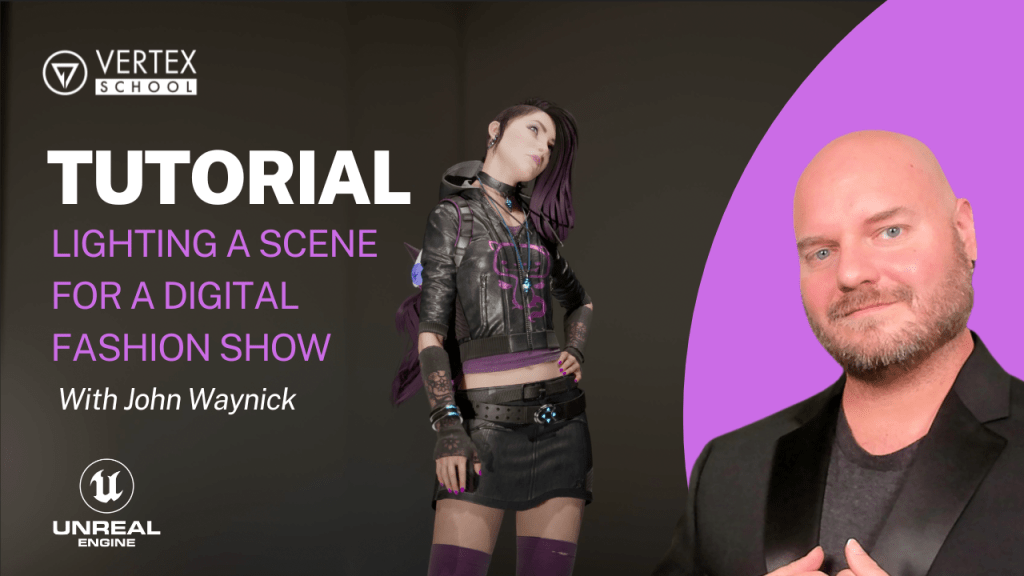 Photo with text, "Lighting a Scene For a Digital Fashion Show with John Waynick". Image of a 3d model with sci-fi style clothes, and photo of John.