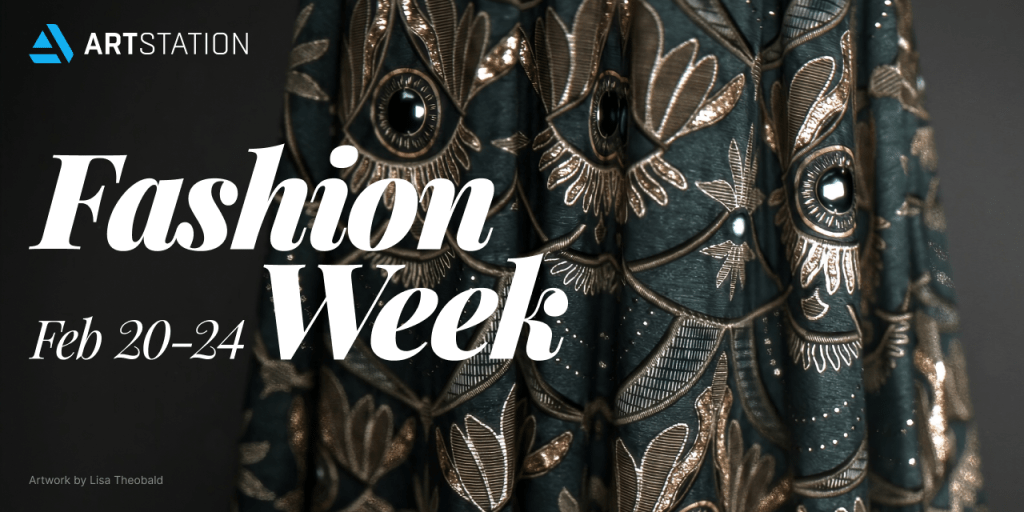 Fashion Week banner. In the background an elegant green fabric with gold thread and black jewels is visible.