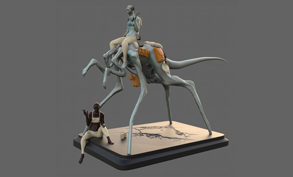 Image of two women and an alien creature with thin legs and a long tail