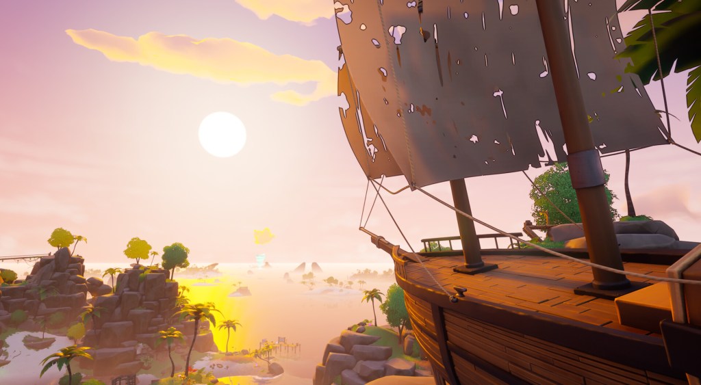 A pirate ship with a pink sunset sky, made in fortnite creative.