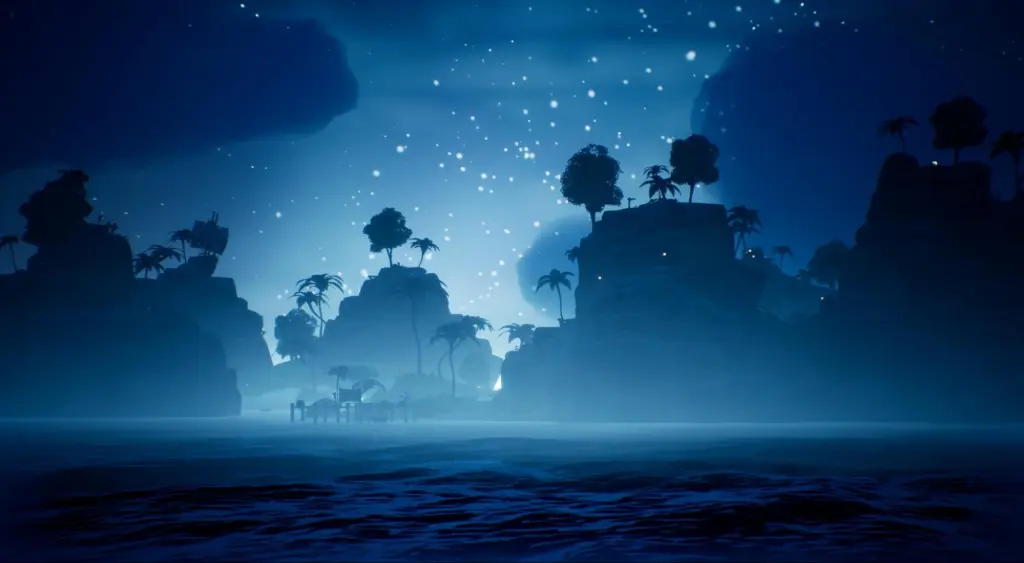 A starry blue sky, with rocky islands and palm trees visible over water.